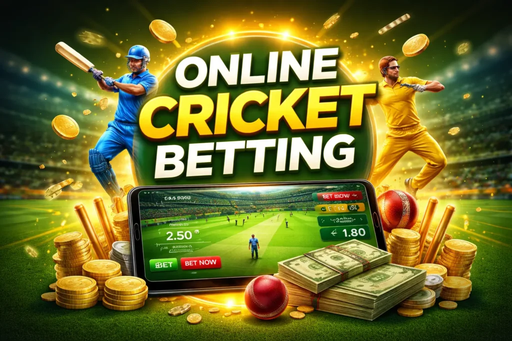 Online cricket betting illustration with players, odds, and mobile platform