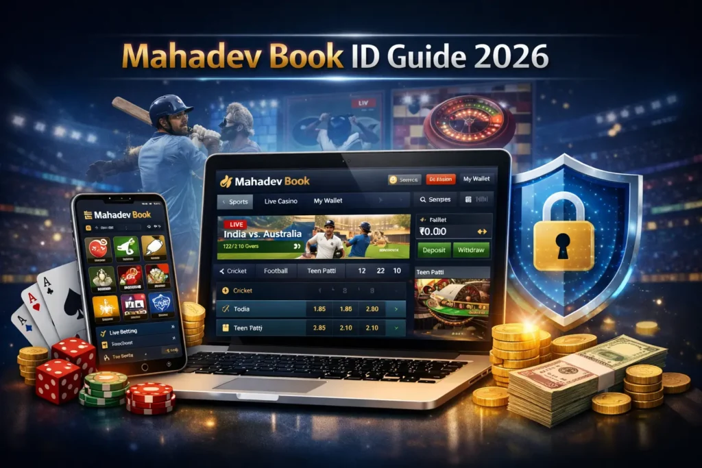Secure Mahadev Book ID Guide 2026 introduction with betting dashboard on laptop and mobile