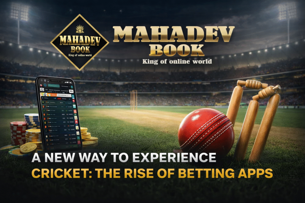 Mahadev Book cricket betting app with live match betting and stadium background